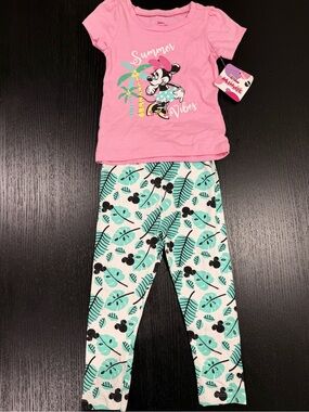 Disney Girls Pink Tee & Mint Tropical Minnie Pajama Set